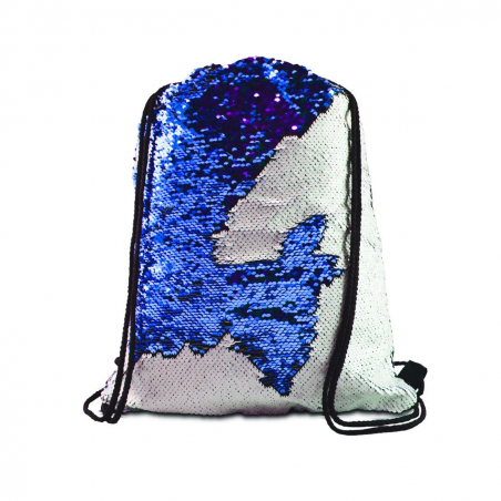 Mochila Saco de Lantejoulas Mágica 35x38cm. Azul Escura e Branca p/sublimação.